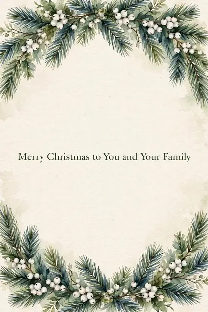 Watercolor pine and white berry border frames centered text "Merry Christmas to You and Your Family" on cream textured paper