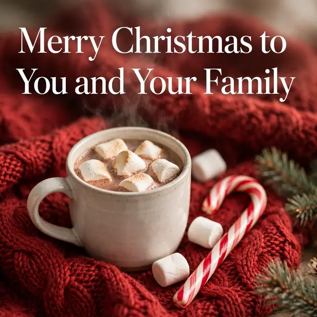 A mug of steaming hot cocoa with marshmallows on a red knit blanket displays the text "Merry Christmas to You and Your