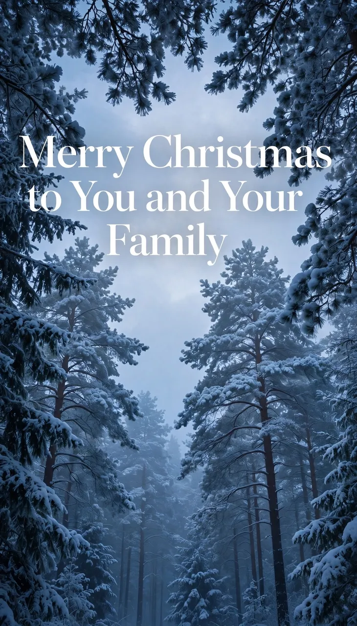 White serif text reading "Merry Christmas to You and Your Family" over a foggy snow-covered pine forest in soft blue light.