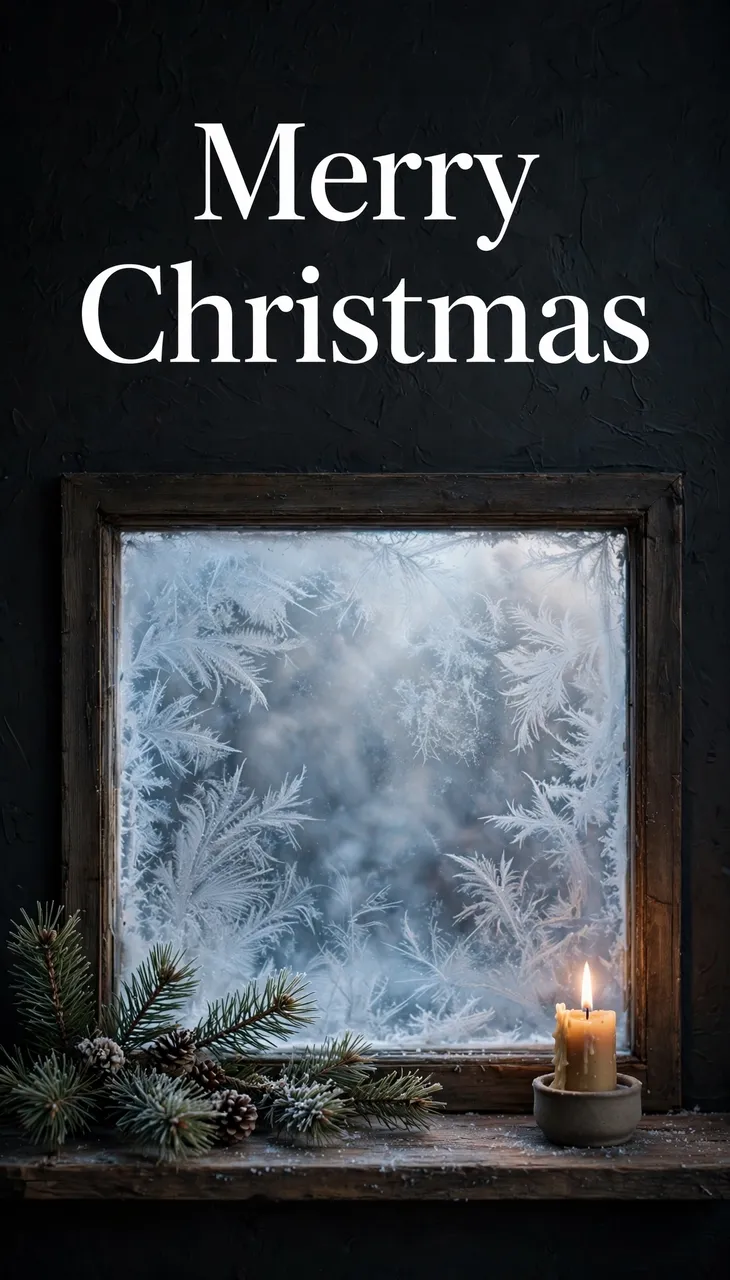 Vertical wallpaper with "Merry Christmas" serif text above a frosted window, lit candle and pine sprigs on a wooden sill.