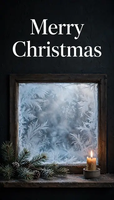 Vertical wallpaper with "Merry Christmas" serif text above a frosted window, lit candle and pine sprigs on a wooden sill.