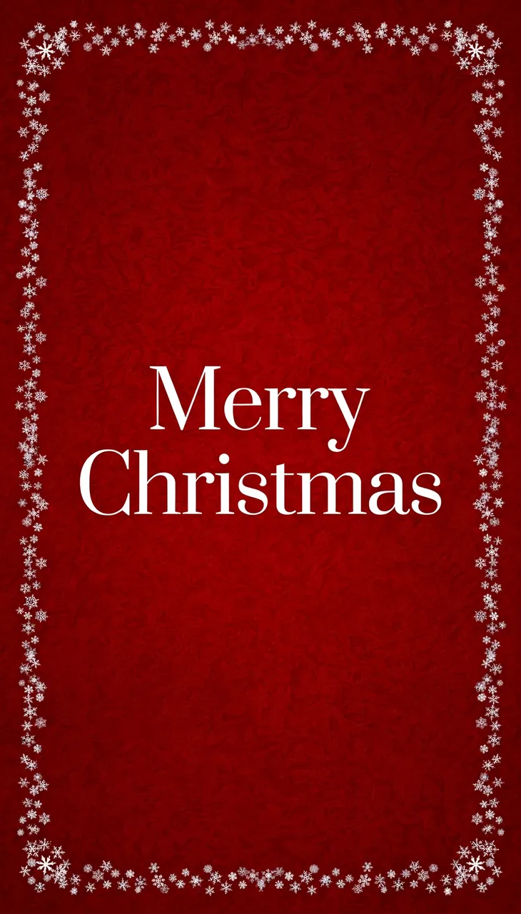 "Merry Christmas" in elegant white serif text centered on a red background with a white snowflake border