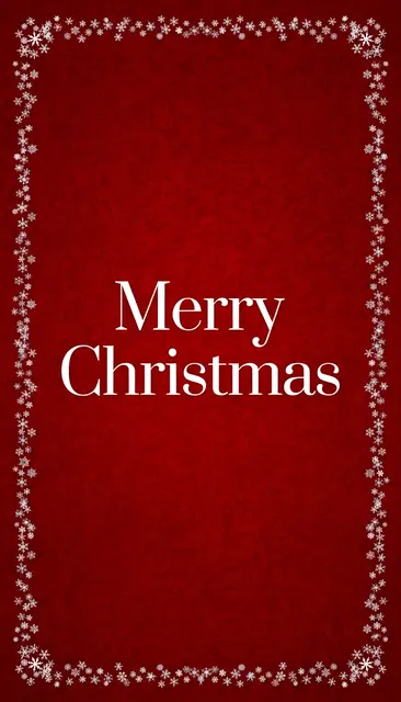 "Merry Christmas" in elegant white serif text centered on a red background with a white snowflake border