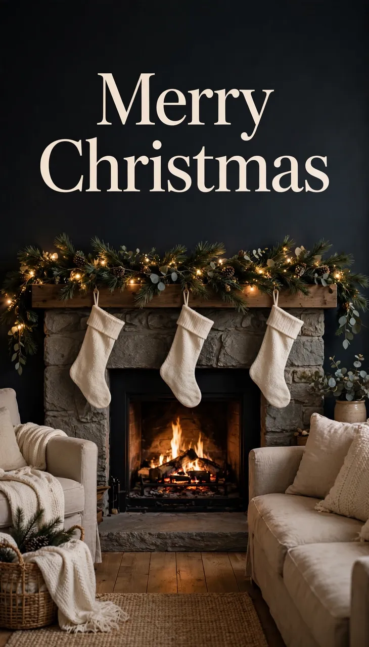 Cozy living room fireplace with glowing fire, stockings and garland, overlaid with "Merry Christmas" text