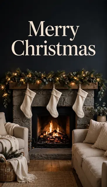 Cozy living room fireplace with glowing fire, stockings and garland, overlaid with "Merry Christmas" text