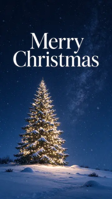 "Merry Christmas" serif text above a lit snow-covered fir tree on a snowy night hill under a starry sky