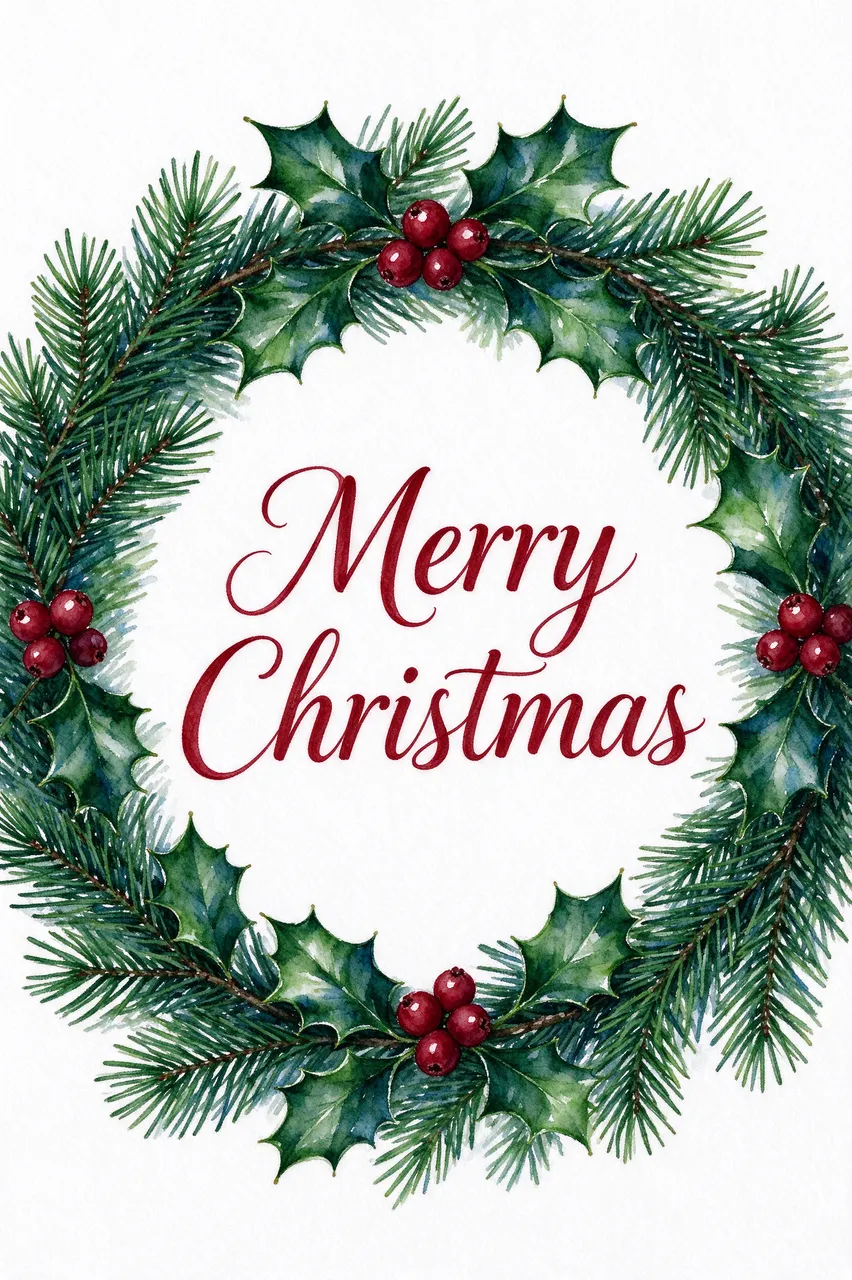 Watercolor pine and holly wreath with centered deep red script "Merry Christmas" on white paper