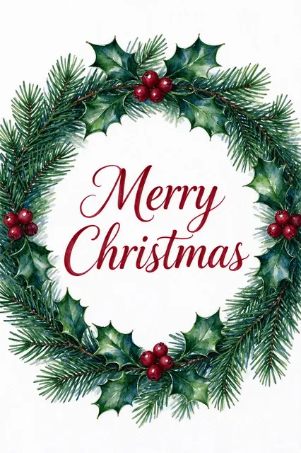 Watercolor pine and holly wreath with centered deep red script "Merry Christmas" on white paper