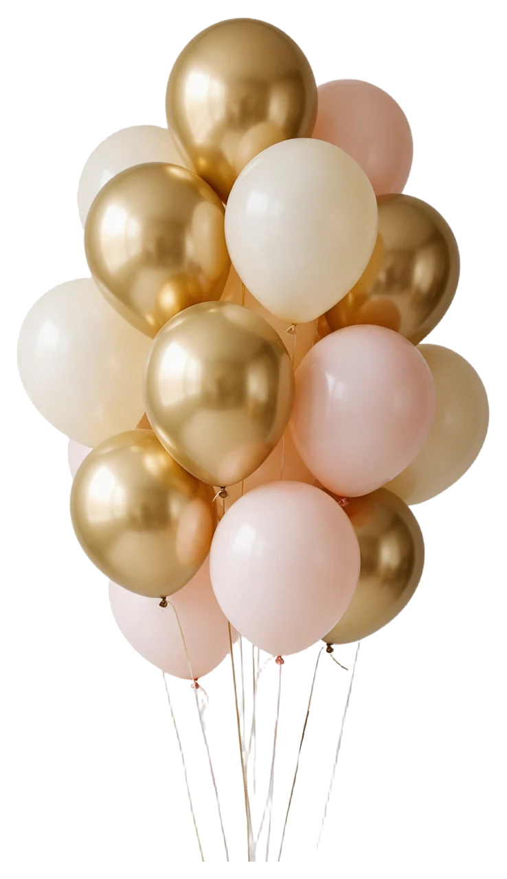 A centered cluster of round metallic gold, cream, and blush pink balloons with thin hanging strings