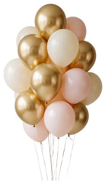 A centered cluster of round metallic gold, cream, and blush pink balloons with thin hanging strings