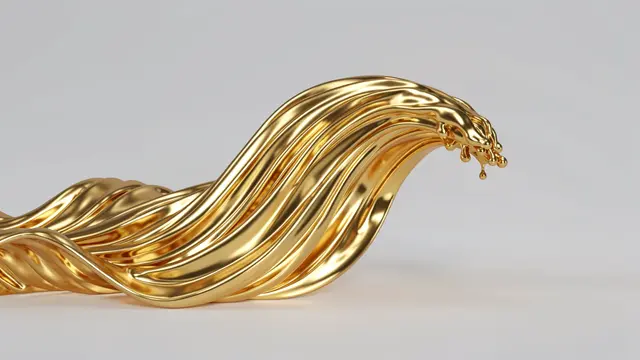 A polished metallic gold wave frozen in motion against a plain light gray background