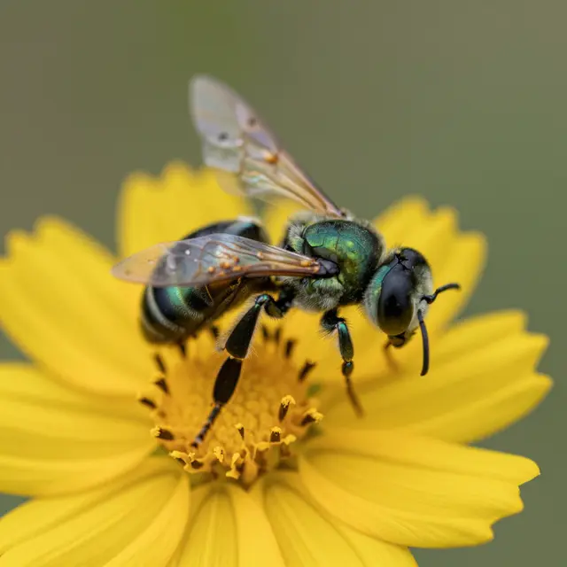 Macro close-up of a metallic green sweat bee resting on the center of a bright yellow flower against a soft blurred