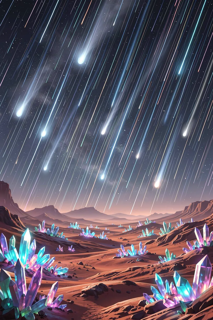 Bright glowing meteor streaks fall across a starry sky above an alien desert dotted with luminous multicolored crystals