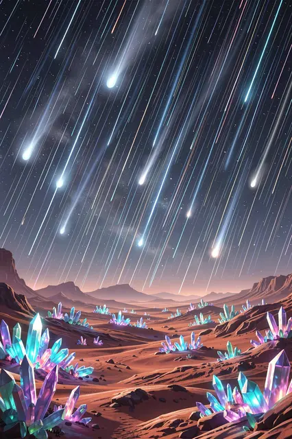 Bright glowing meteor streaks fall across a starry sky above an alien desert dotted with luminous multicolored crystals