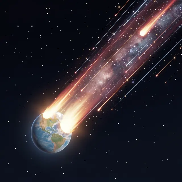 Falling meteors streak past a small round Earth-like planet against a starry deep space background