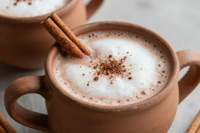 Close-up of frothed Mexican hot chocolate in terracotta mugs topped with cinnamon sticks