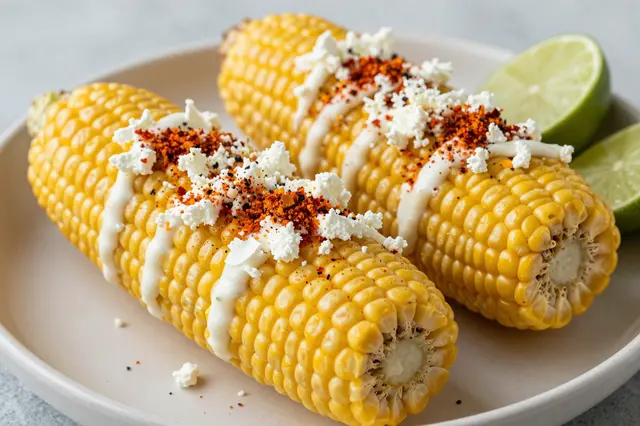 Three servings of elote street corn topped with cotija, chili powder and lime wedges rest on a ceramic plate