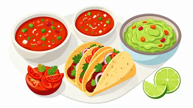 Flat vector illustration of a taco platter with salsa bowls, guacamole, lime wedges and fresh tomato garnish.