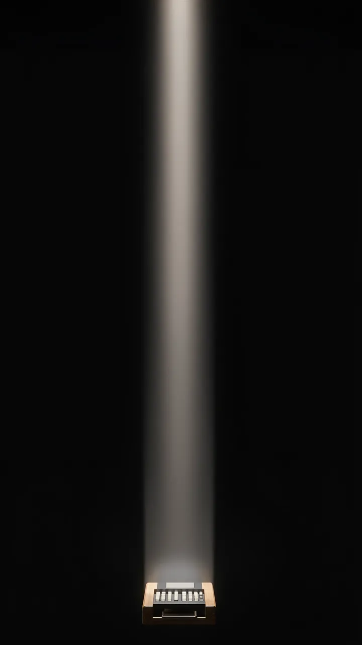 A small chip at the bottom of a dark frame projects a straight vertical beam of warm light upward against a black background