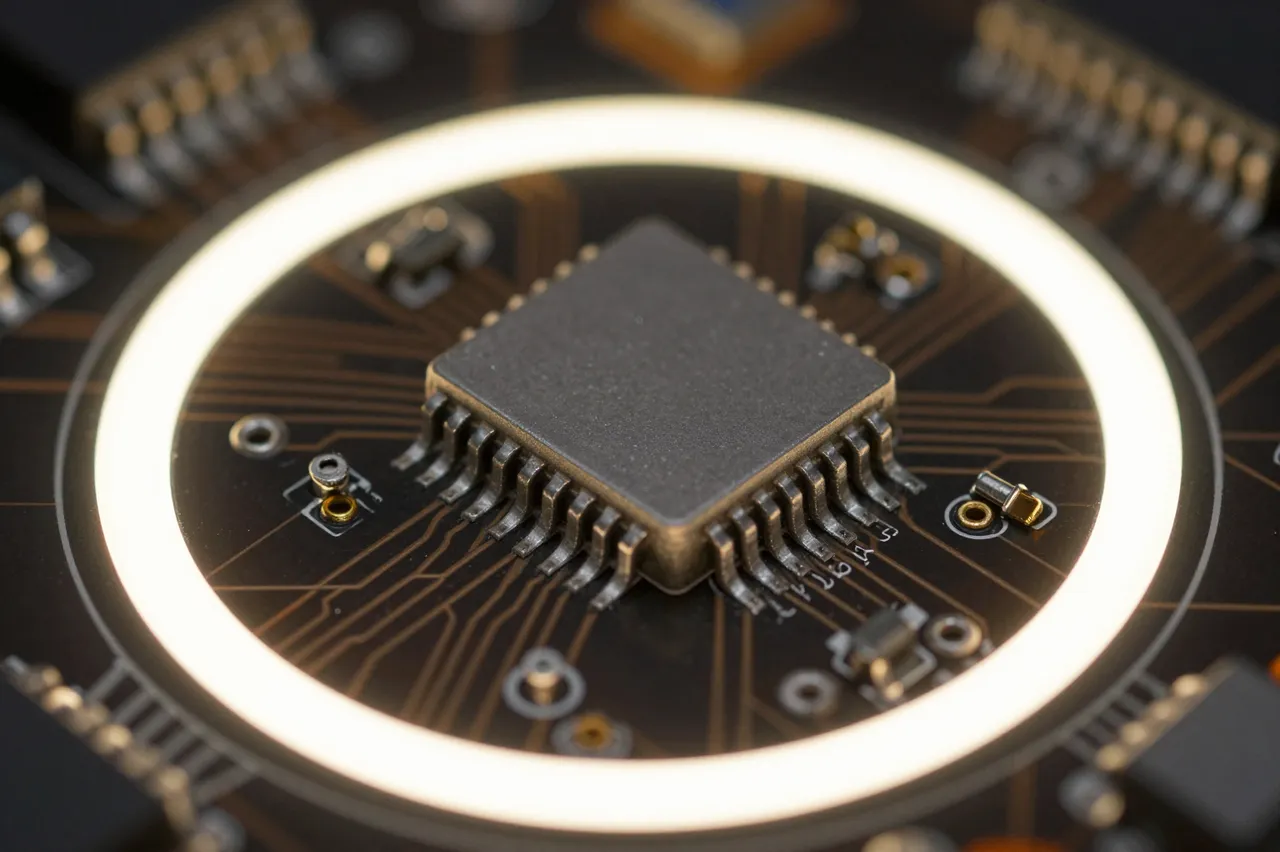 Close-up macro view of a central microchip on a dark circuit board surrounded by a glowing ring light