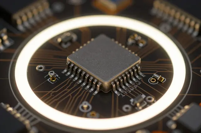 Close-up macro view of a central microchip on a dark circuit board surrounded by a glowing ring light