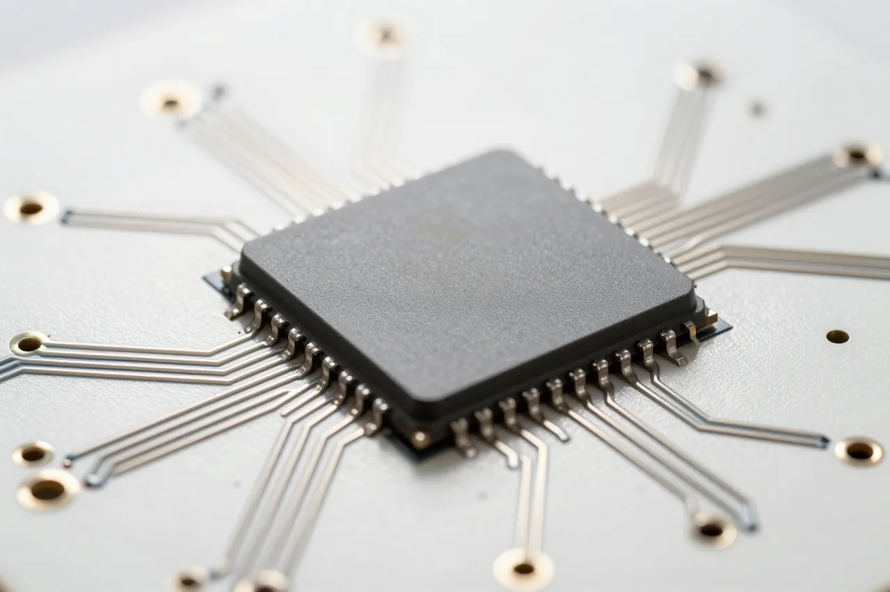 Close-up of a blank gray semiconductor chip mounted on a white circuit board with fanning silver traces.