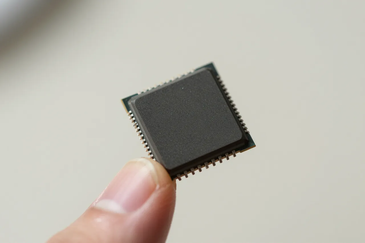 A blank square microchip is balanced on the tip of a person's fingertip in macro view