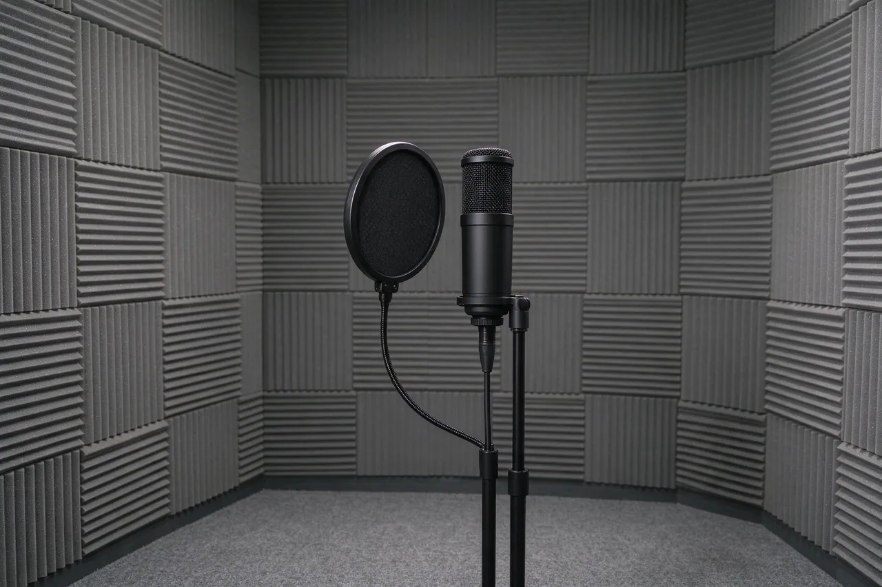 Black studio microphone with round pop filter stands in a foam lined recording booth