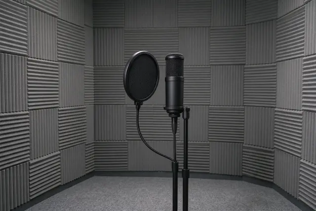 Black studio microphone with round pop filter stands in a foam lined recording booth