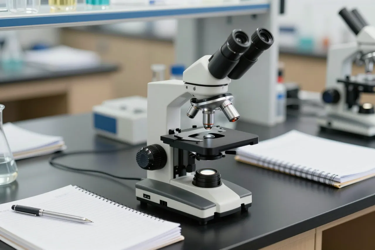 A compound microscope sits beside lined notebooks and a pen on a dark school science lab workbench