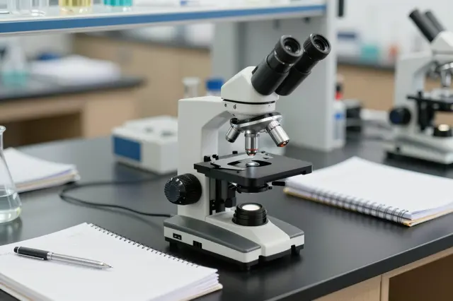 A compound microscope sits beside lined notebooks and a pen on a dark school science lab workbench