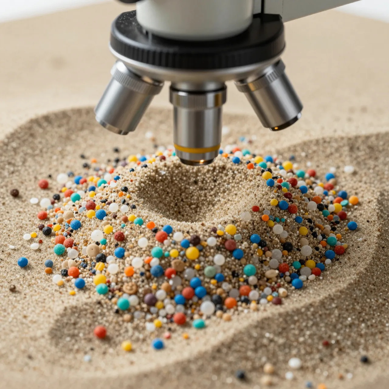 A laboratory microscope sits above a pile of beige sand mixed with bright colorful round granular particles.
