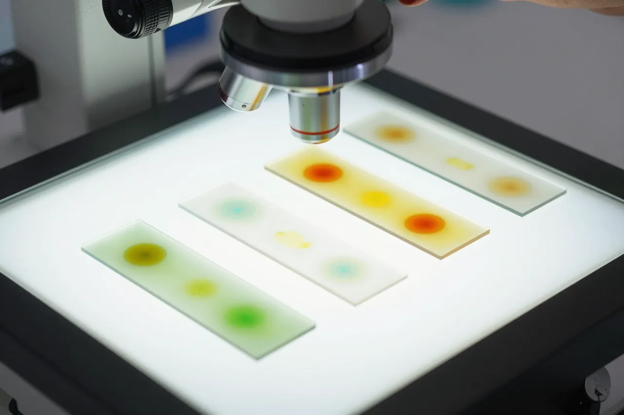 Stained glass microscope slides rest on an illuminated light table beneath a lab microscope