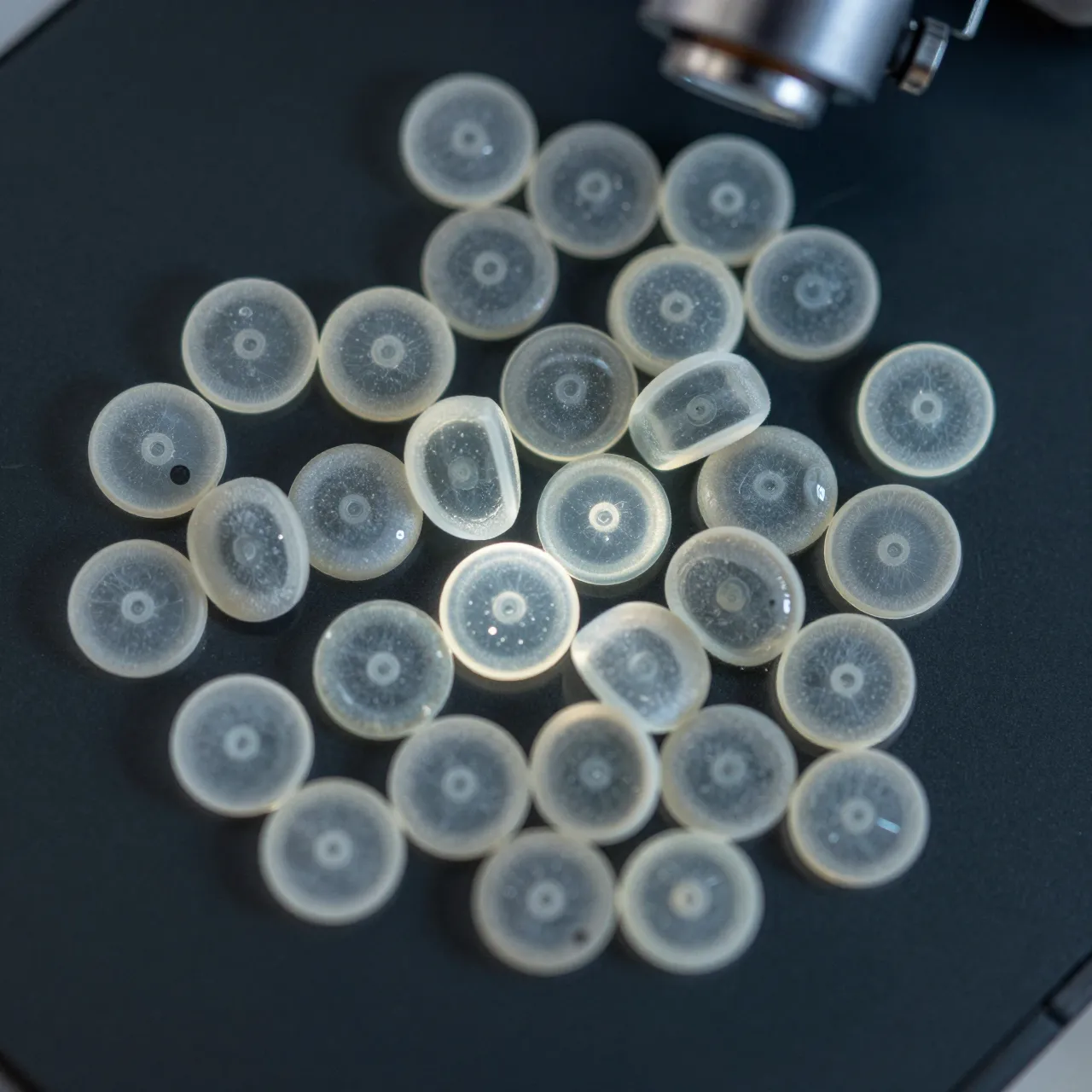 Translucent round and oval diatoms rest on a dark microscope stage next to a microscope objective lens