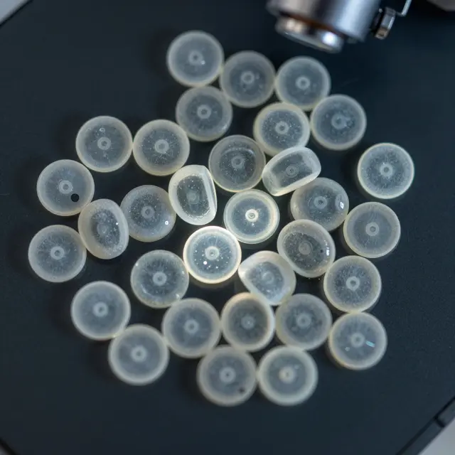 Translucent round and oval diatoms rest on a dark microscope stage next to a microscope objective lens