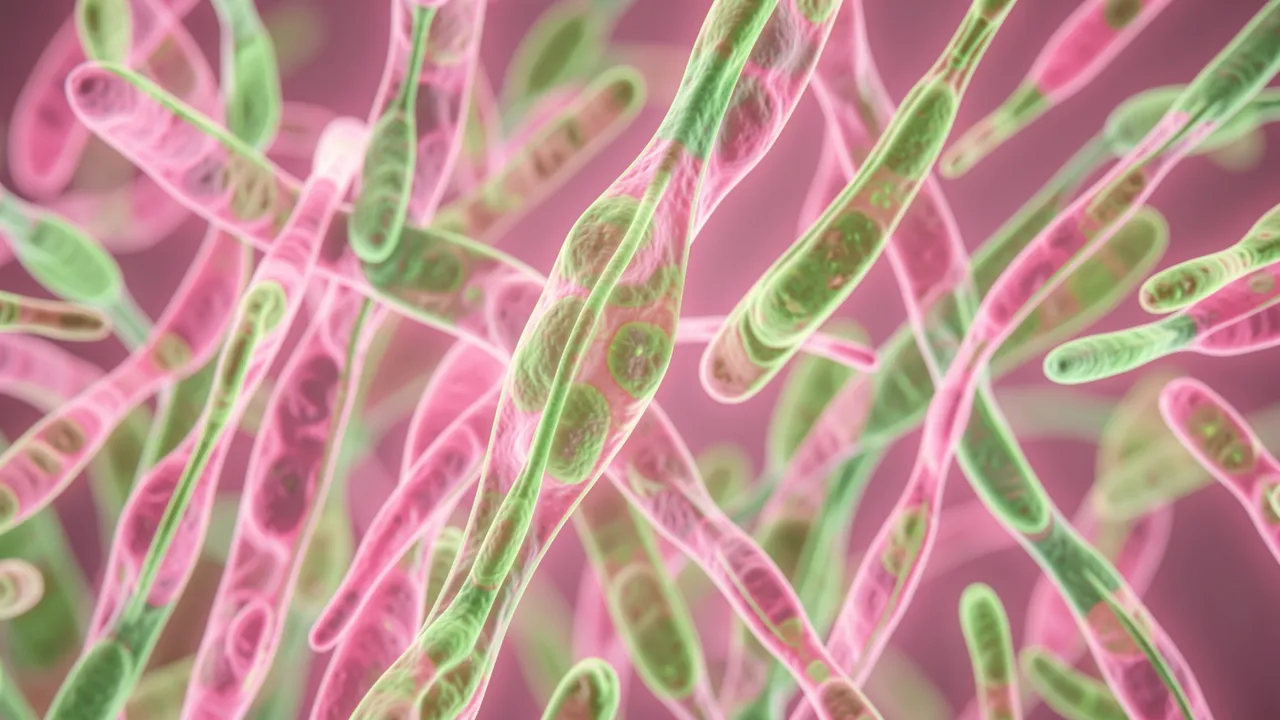 Abstract close-up view of glowing pink and green elongated plant cells as seen under a microscope