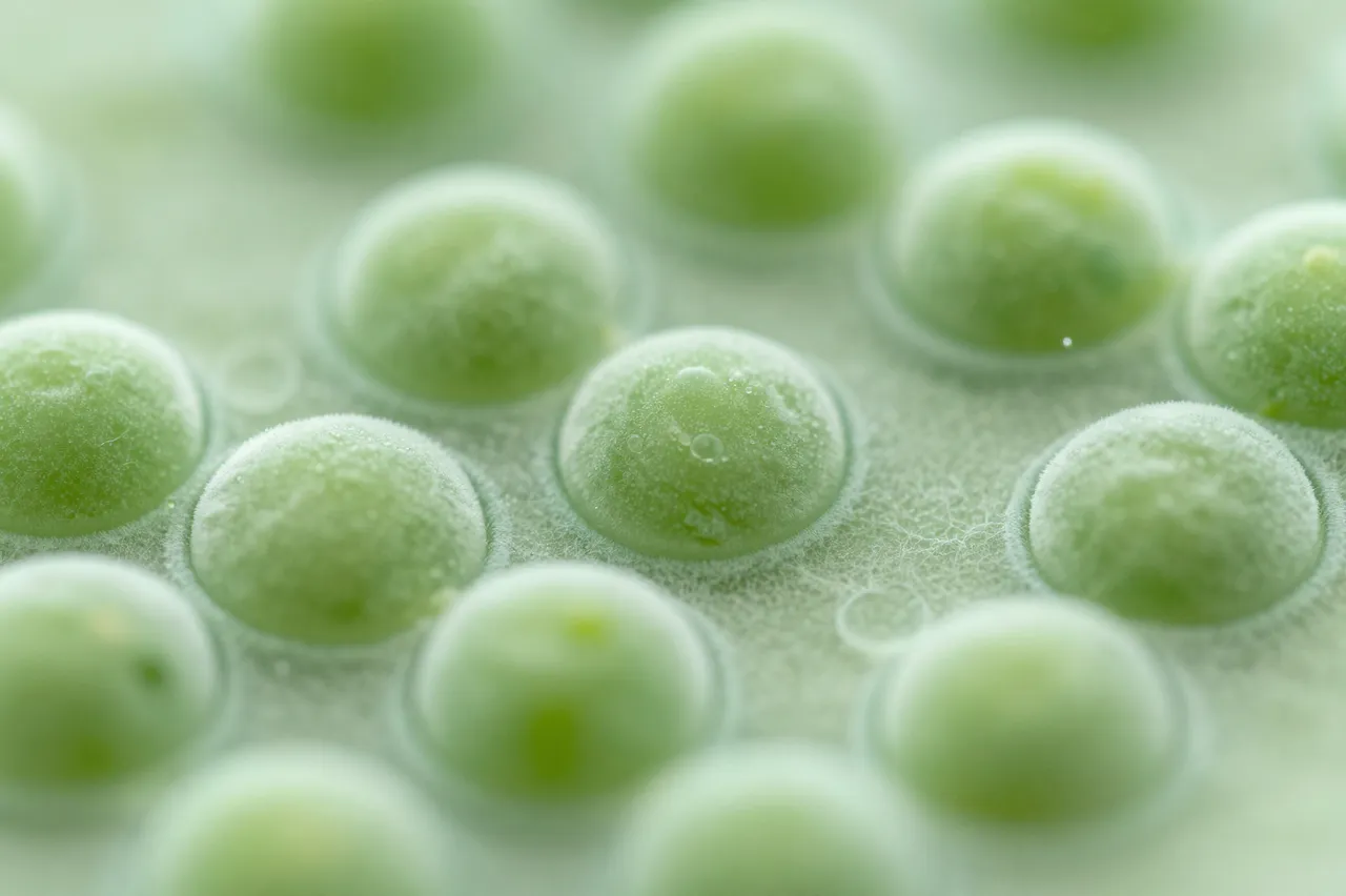 Close up macro view of rounded green plant cells as seen under a light microscope