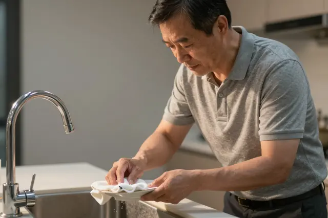 East Asian man in his fifties dries a plate with a cloth next to a kitchen sink in warm evening light