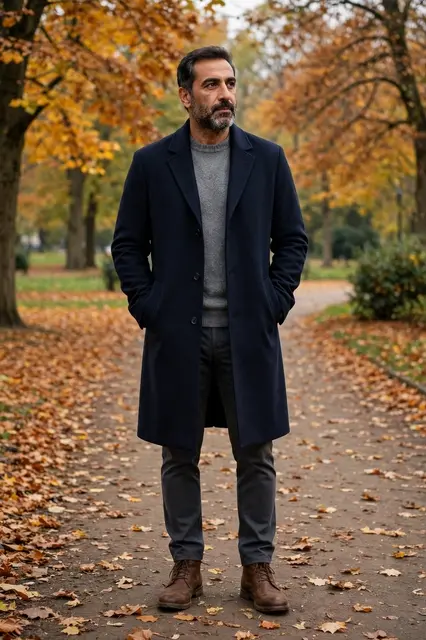 Middle Eastern man in a navy overcoat stands on a leaf strewn autumn park path