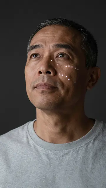 A mixed-race man in his fifties looks up as small white light dots drift across his face against a dark background