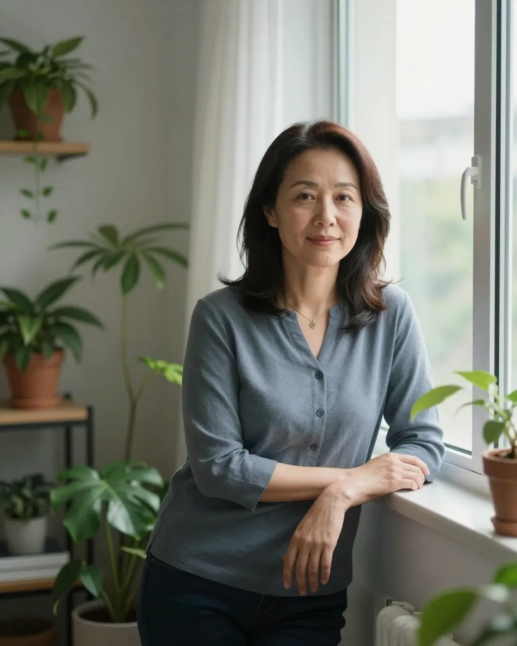 East Asian woman in her forties leans on a windowsill surrounded by houseplants with soft morning light.