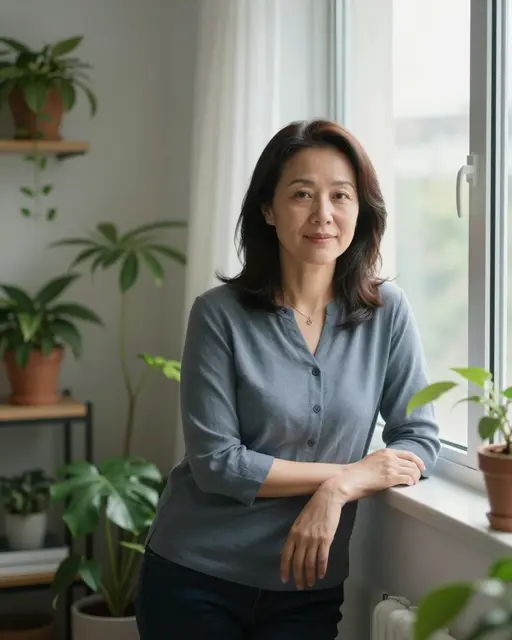East Asian woman in her forties leans on a windowsill surrounded by houseplants with soft morning light.