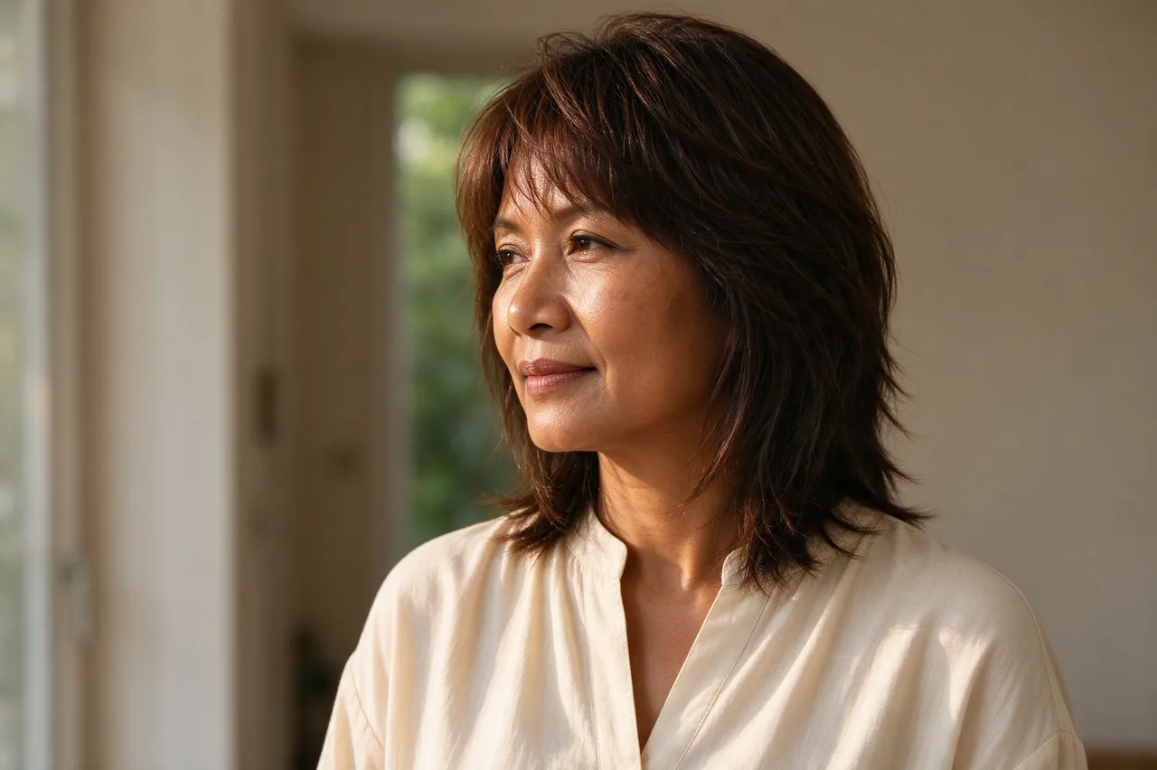 Profile portrait of a Southeast Asian woman in her forties lit by warm afternoon indoor light