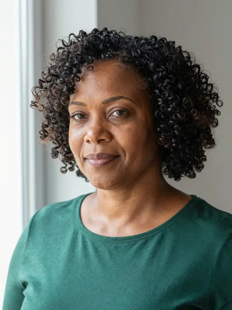 Portrait of a mixed-race woman in her forties with defined spiral curls wearing a forest green top near a window