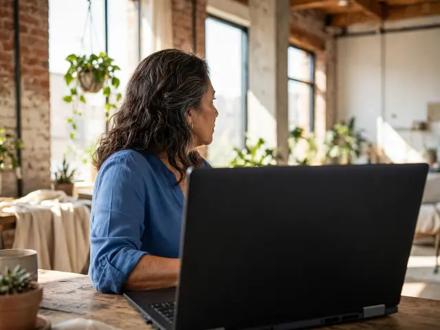 Middle aged Latina woman in a blue blouse sits at a sunlit loft desk with her laptop facing away from the camera
