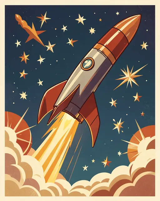 Retro atomic age rocket rises through stylized starry sky above launch clouds