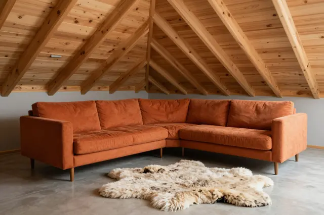 Burnt-orange sectional sofa sits under a cedar sloped ceiling next to a plush sheepskin rug on a concrete floor.