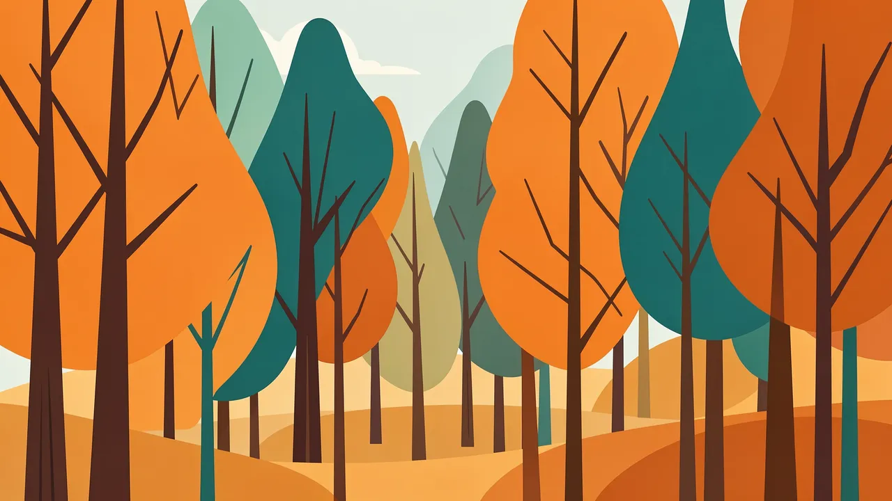 Stylized flat mid-century modern illustration of an autumn forest with orange and teal trees