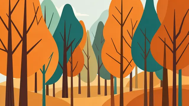 Stylized flat mid-century modern illustration of an autumn forest with orange and teal trees