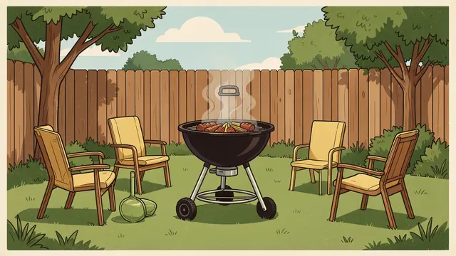 Empty backyard patio with a round charcoal grill, patio chairs, and a wooden fence under a sunny sky